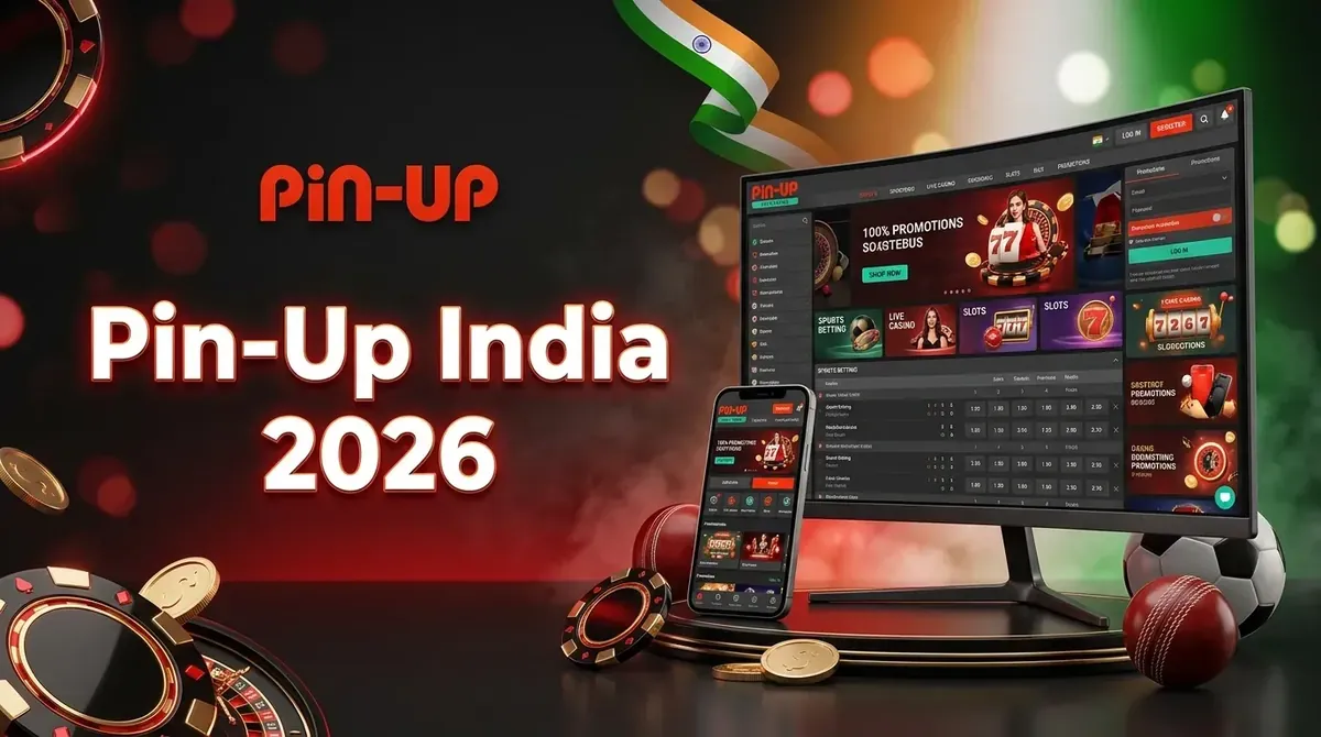Pin-Up India 2026 banner with the Pin-Up logo, a monitor and phone showing the casino, chips and a cricket ball