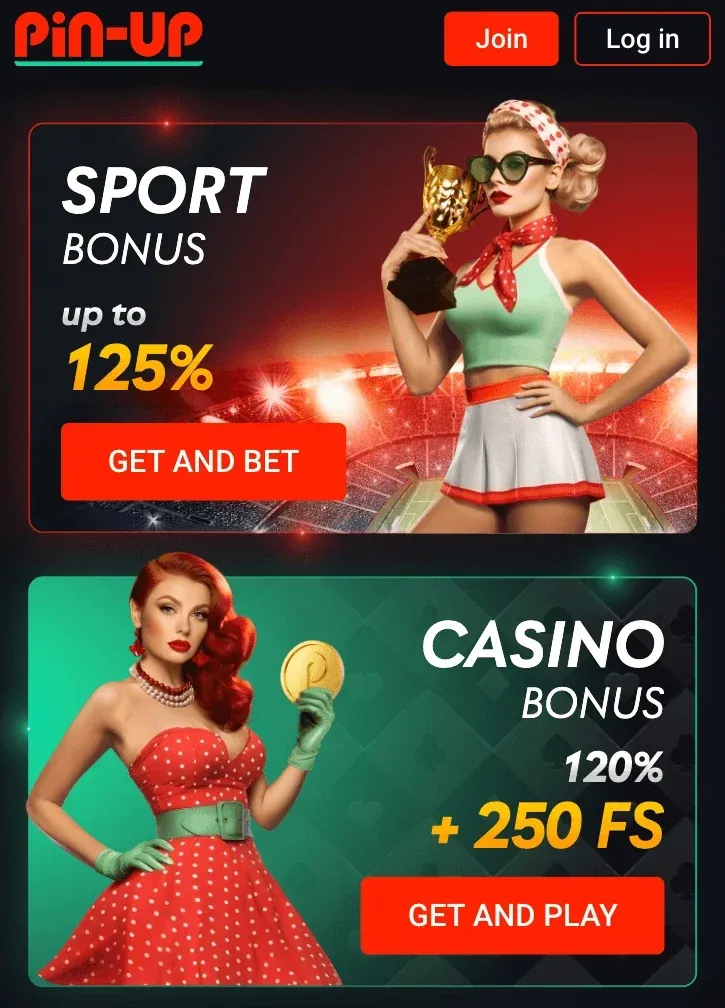 Pin-Up mobile start screen showing a Sport bonus up to 125% banner and a Casino bonus 120% + 250 FS banner