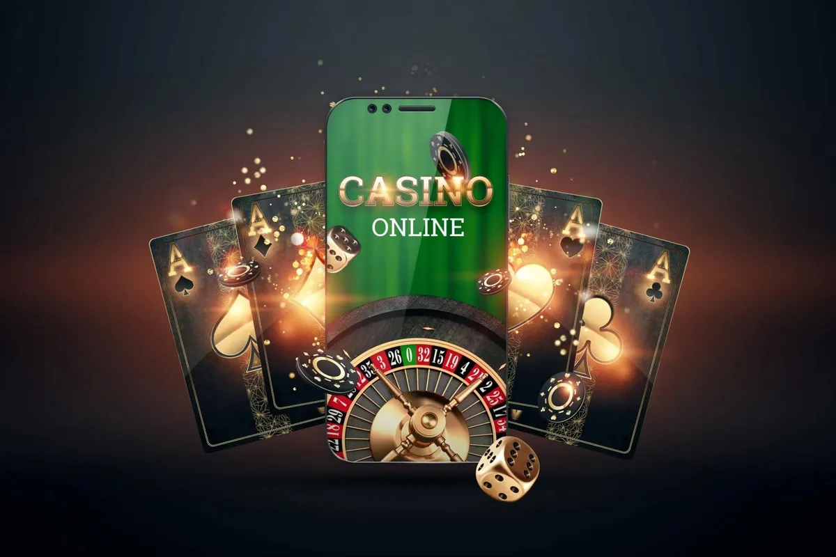 Smartphone showing a "Casino online" screen between playing cards, roulette and dice