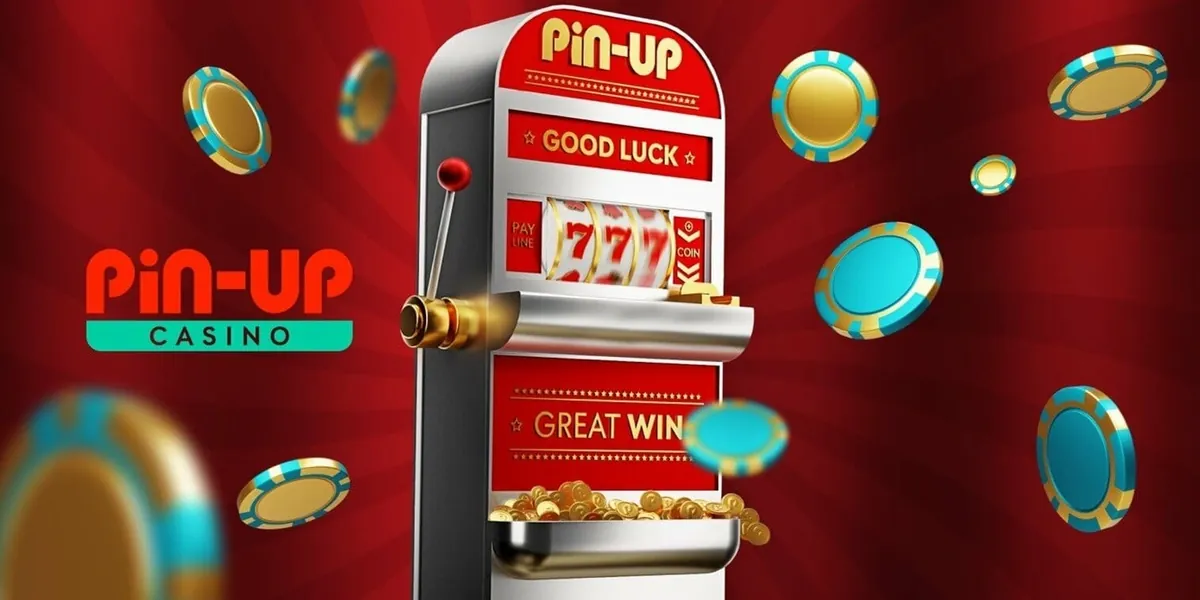 Pin-Up slot machine with "Good luck" and "Great win" signs surrounded by casino chips